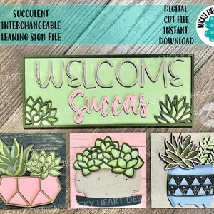 Succulent Plant Interchangeable Leaning Sign File SVG, Tiered Tray Glowforge, LuckyHeartDesignsCo