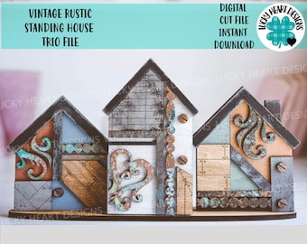 Vintage Rustic Standing Houses File SVG, family home Mantle Decor Glowforge, LuckyHeartDesignsCo