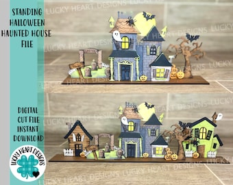 立っているハロウィーンのお化け屋敷ファイル SVG、Glowforge、LuckyHeartDesignsCo