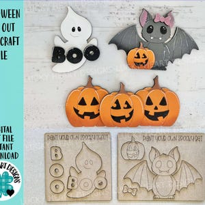 May include: Halloween-themed pop-out kids' craft file featuring a ghost with "BOO" text, a bat with a pumpkin, and several jack-o'-lanterns. Includes digital cut files for instant download. The design is made of wood.