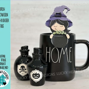 May include: A black mug with the word "HOME" written on it. A witch with a purple hat and a cauldron is holding onto the mug. Two small black bottles with skull and pumpkin designs are in front of the mug.