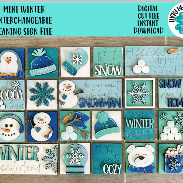 MINI Winter Interchangeable Leaning Sign File SVG, Snowman, Hot Cocoa, Snowflake, Mittens, Tiered Tray Glowforge, LuckyHeartDesignsCo