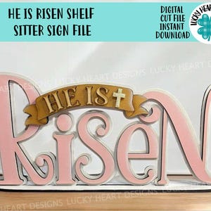 Ele ressuscitou, arquivo de sinal de prateleira SVG, Glowforge, em pé, Páscoa, cruz, Jesus, bandeja em camadas LuckyHeartDesignsCo