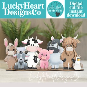 May include: A collection of paper cut-out farm animal figures, including a donkey, goat, cow, pig, horse, Highland cow, and chicken. The figures are arranged on a wooden base. The image includes the text "Lucky Heart Designs Co" and "Digital cut file instant download."