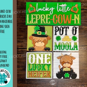 Highland Cow St. Patrick&#39;s Day Interchangeable Leaning Sign File SVG, Glowforge Tiered Tray, LuckyHeartDesignsCo