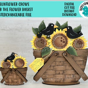 ひまわりとカラスの花かご 交換可能なファイル SVG、花、花柄、夏、秋 ティアードトレイ、Glowforge、LuckyHeartDesignsCo