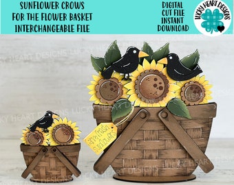 May include: Two wooden cutout flower baskets with sunflowers and crows. The larger basket has a sign that reads "farm fresh sunflowers".