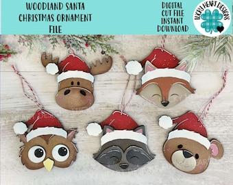 Woodland Santa Ornament File SVG, Glowforge, Moose, Fox, Bear, Raccoon, Owl, Animal, Baby Christmas, LuckyHeartDesignsCo