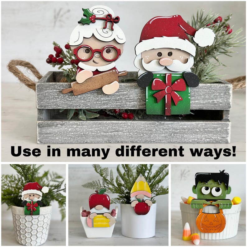 May include: A set of four wooden Christmas ornaments featuring a Santa Claus, Mrs. Claus, a gnome, and a monster. The ornaments are painted in festive colors and have a whimsical design. Use in many different ways!