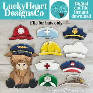 May include: A digital cut file set featuring a cartoon Highland cow and various hats including a red firefighter helmet, blue police cap, yellow hard hat, white chef hat, nurse caps, a green coach cap, and a brown hat with wheat detail.