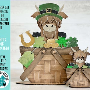 St. Patrick's Day Highland Cow For The Flower Basket Verwisselbaar bestand SVG TINY, Lucky Horseshoe Clover Glowforge LuckyHeartDesignsCo