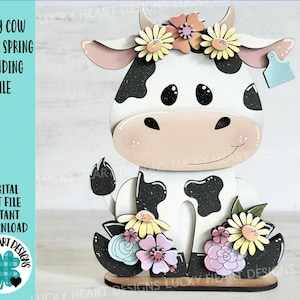Vache laitière Floral printemps debout fichier SVG, fleur, marguerite, ferme, lait, plateau à plusieurs niveaux Glowforge, LuckyHeartDesignsCo