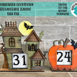 MINI Halloween Countdown Haunted House Archivo de signo inclinado intercambiable SVG, Calabaza, Bandeja escalonada Glowforge, LuckyHeartDesignsCo