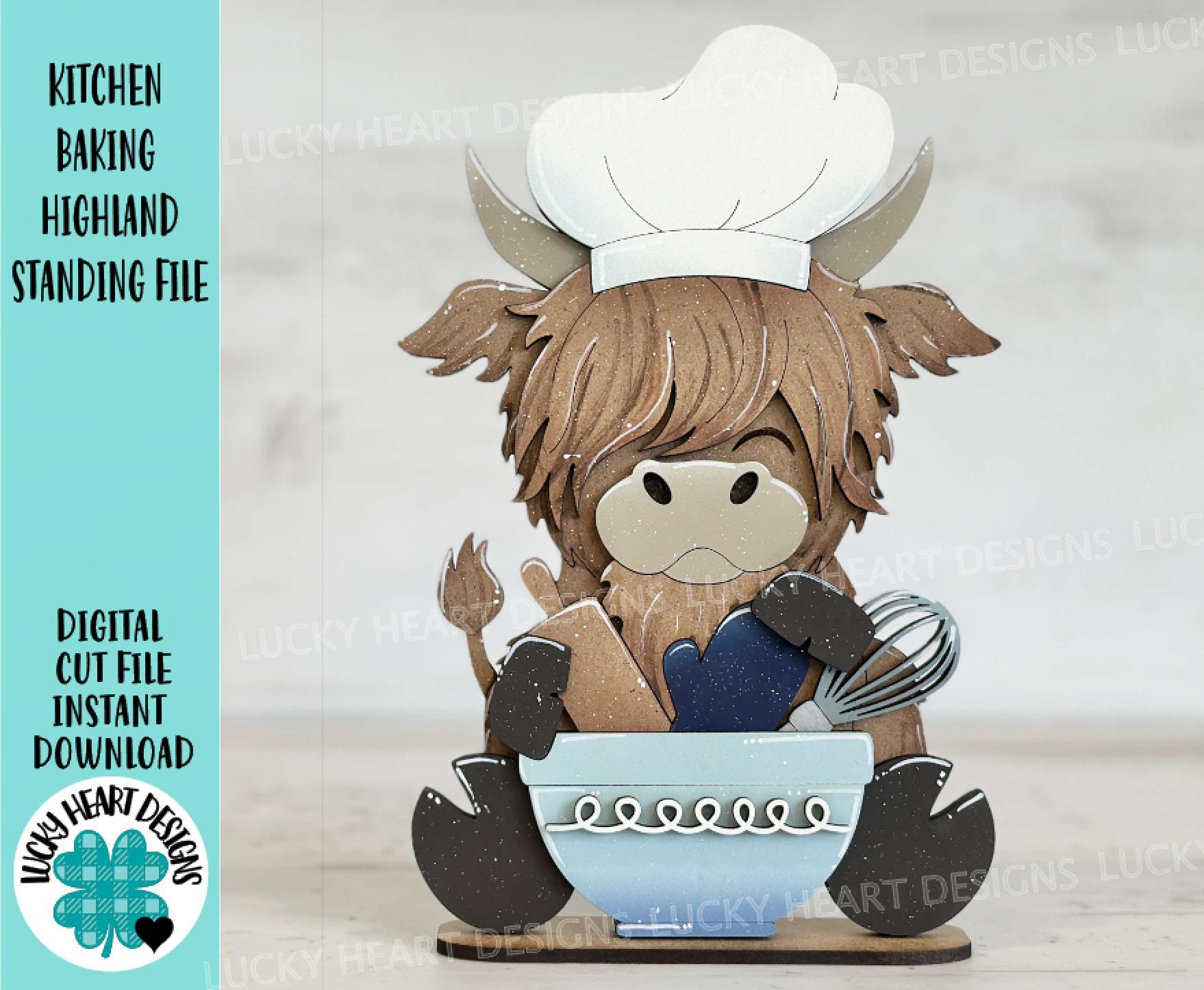 Kitchen Baking Highland Cow Standing File SVG, Snowflake, Farm, Chef, Rolling Pin, Cook, Tiered Tray, Glowforge, LuckyHeartDesignsCo
