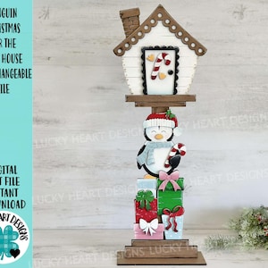 Archivo SVG intercambiable de pingüino navideño para la casa de pájaros, regalos, temporada, formas festivas, Glowforge, láser, LuckyHeartDesignsCo