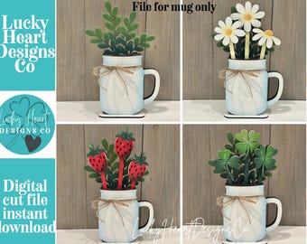 Mason Jar Mug Stick File SVG, Glowforge Tiered Tray Decor, Spring, Summer Plant Stake, Christmas, Flower, Gift, LuckyHeartDesignsCo