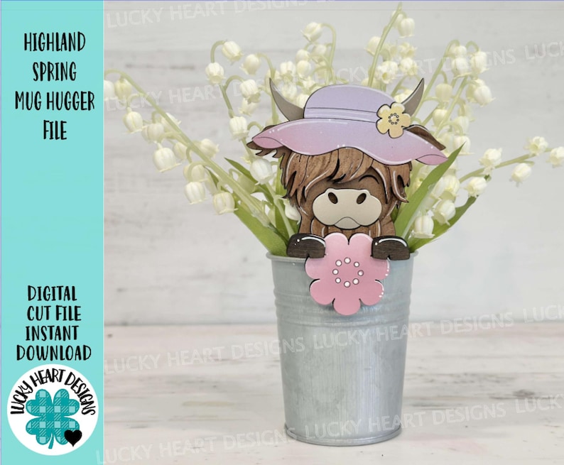 Highland Spring Mug Hugger File SVG, Glowforge Flower, Cow, Farm, Tiered Tray, Tray Decor, Plant Topper, Gift, LuckyHeartDesignsCo image 1