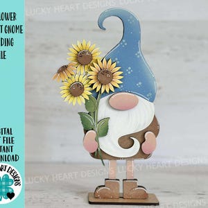 Arquivo SVG de gnomo para buquê de girassol, flores de outono e verão, bandeja em camadas para decoração de festas, Glowforge, LuckyHeartDesignsCo