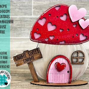 Gnome Mushroom Valentines Archivo de casa intercambiable SVG, (añadir) Bandeja escalonada, Glowforge, LuckyHeartDesignsCo