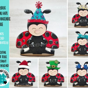 Cappelli animali coccinella intercambiabili MINI File SVG, segno pendente stagionale, Natale, vacanze, vassoio a livelli Glowforge, LuckyHeartDesignsCo