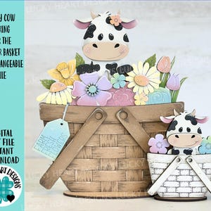 Vache laitière printemps pour le panier de fleurs fichier interchangeable SVG, floral, ferme, vache, marguerite, plateau à plusieurs niveaux, Glowforge, LuckyHeartDesignsCo
