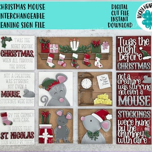 May include: Interchangeable Christmas mouse leaning sign file. The sign features a red and white mouse with a Santa hat, a green and white mouse with a green hat, and a red and white stocking. The sign also includes the text "Twas the night before Christmas, not a creature was stirring, not even a mouse, stockings were hung by the chimney with care, in hopes that St. Nicolas soon would be there."