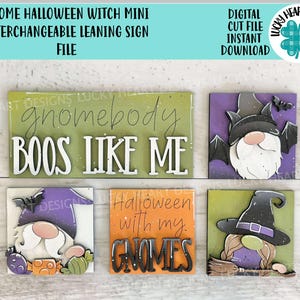Gnome Halloween heks MINI verwisselbare scheve teken bestand SVG, pompoen, duivel, Halloween gelaagde lade Glowforge, LuckyHeartDesignsCo