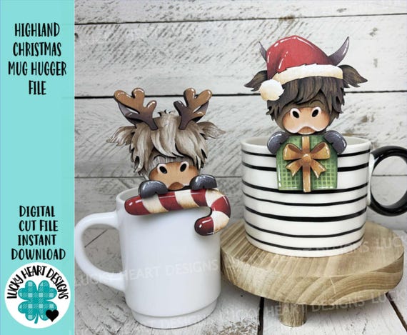 Highland Christmas Mug Hugger File SVG, Glowforge Tiered Tray, Reindeer, Rudolph Farm Cow, Tray Decor, Holiday, Topper, LuckyHeartDesignsCo