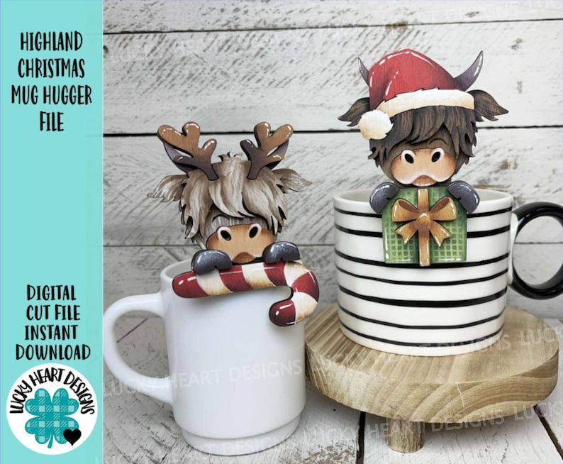 May include: Two Highland cow mug huggers, one with reindeer antlers and a candy cane, the other with a Santa hat and a gift. The mugs are white and black striped. Text on the left reads "HIGHLAND CHRISTMAS MUG HUGGER FILE" and "DIGITAL CUT FILE INSTANT DOWNLOAD".