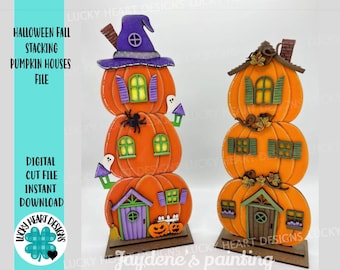 May include: Two wooden pumpkin houses stacked on top of each other. The houses are decorated with windows, doors, and other Halloween-themed details. The houses are on a wooden base. The image includes the text "Halloween Fall Stacking Pumpkin Houses File" and "Digital Cut File Instant Download".