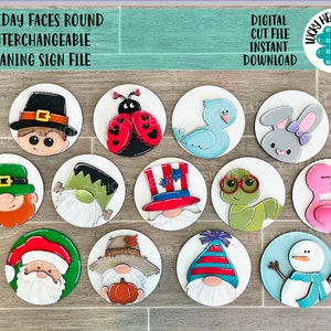 Holiday Faces Round Interchangeable Leaning Sign File SVG, Leaning Ladder Seasonal Shapes, Glowforge Laser, LuckyHeartDesignsCo