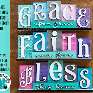 Grace Faith Bless Reversible Blocks Archivo SVG, Bandeja escalonada, Hogar, Religioso, Scrabble, Familia, Glowforge, LuckyHeartDesignsCo