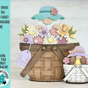Gnome Spring For The Flower Basket Verwisselbaar bestand SVG, Dasiy, bloemen, tulp, gelaagde lade, Glowforge, LuckyHeartDesignsCo