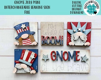 May include: Four wooden signs with a gnome theme for July 4th. The signs feature red, white, and blue colors, stars, and the text "red white & BOOM!" and "GNOME of the brave".