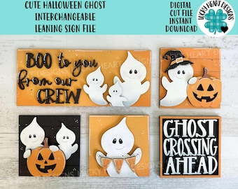 Cute Ghost Interchangeable Leaning Sign File SVG, Glowforge Tiered Tray, Halloween, Boo, Trick or Treat, LuckyHeartDesignsCo