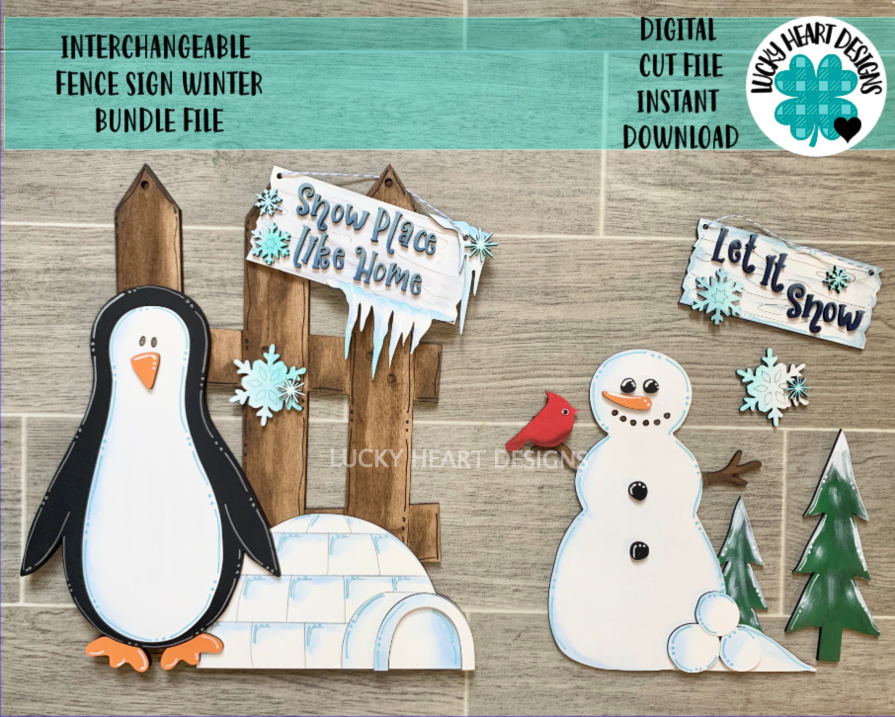 Interchangeable Fence Sign Winter Bundle File SVG, Penguin, Snowman, …