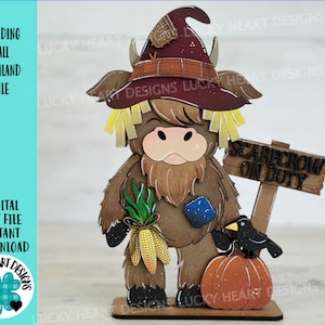 Stojący plik Highland Fall SVG, dynia, strach na wróble, wrona, farma, taca piętrowa Glowforge, LuckyHeartDesignsCo