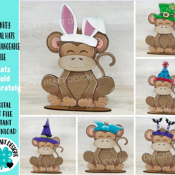 Monkey Animal Hats Interchangeable MINI File SVG, Seasonal Leaning sign, Holiday, Tiered Tray Glowforge, LuckyHeartDesignsCo