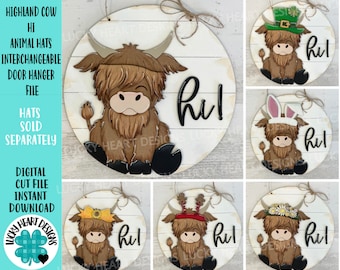 Highland Cow Hi Animal Hats Archivo de percha de puerta intercambiable SVG, (solo vaca) Navidad, Otoño, Halloween, Glowforge, LuckyHeartDesignsCo