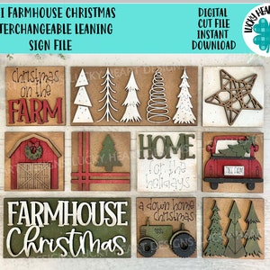MINI Farmhouse Christmas intercambiabile pendente segno File SVG, fienile, trattore, camion albero rustico, vassoio a livelli Glowforge, LuckyHeartDesignsCo