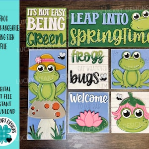 Fichier de signe penché interchangeable printemps grenouille SVG, champignon, plateau à plusieurs niveaux Glowforge, LuckyHeartDesignsCo