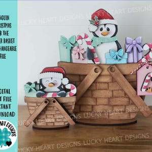 Archivo SVG intercambiable para canasta de flores de pingüino para Navidad, bandeja escalonada con bastones de caramelo de Papá Noel, Glowforge, LuckyHeartDesignsCo