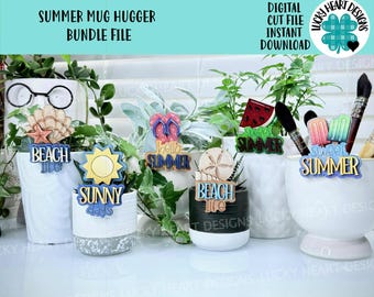 Summer Mug Hugger Bundle File SVG, Glowforge, Watermelon, Sun, Flip Flops, Popsicle, Tiered Tray, Plant Topper, Gift, LuckyHeartDesignsCo