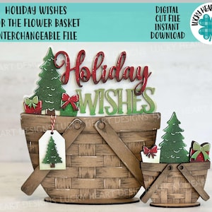 Souhaits des fêtes pour le panier de fleurs fichier interchangeable SVG, minuscules vacances, arbre, cadeaux, plateau à plusieurs niveaux, Glowforge, LuckyHeartDesignsCo