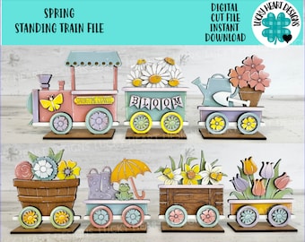 Spring Standing Train File SVG, Daisy, Flower, Umbrella, Daffodil, Tulip, Tiered Tray Glowforge, LuckyHeartDesignsCo