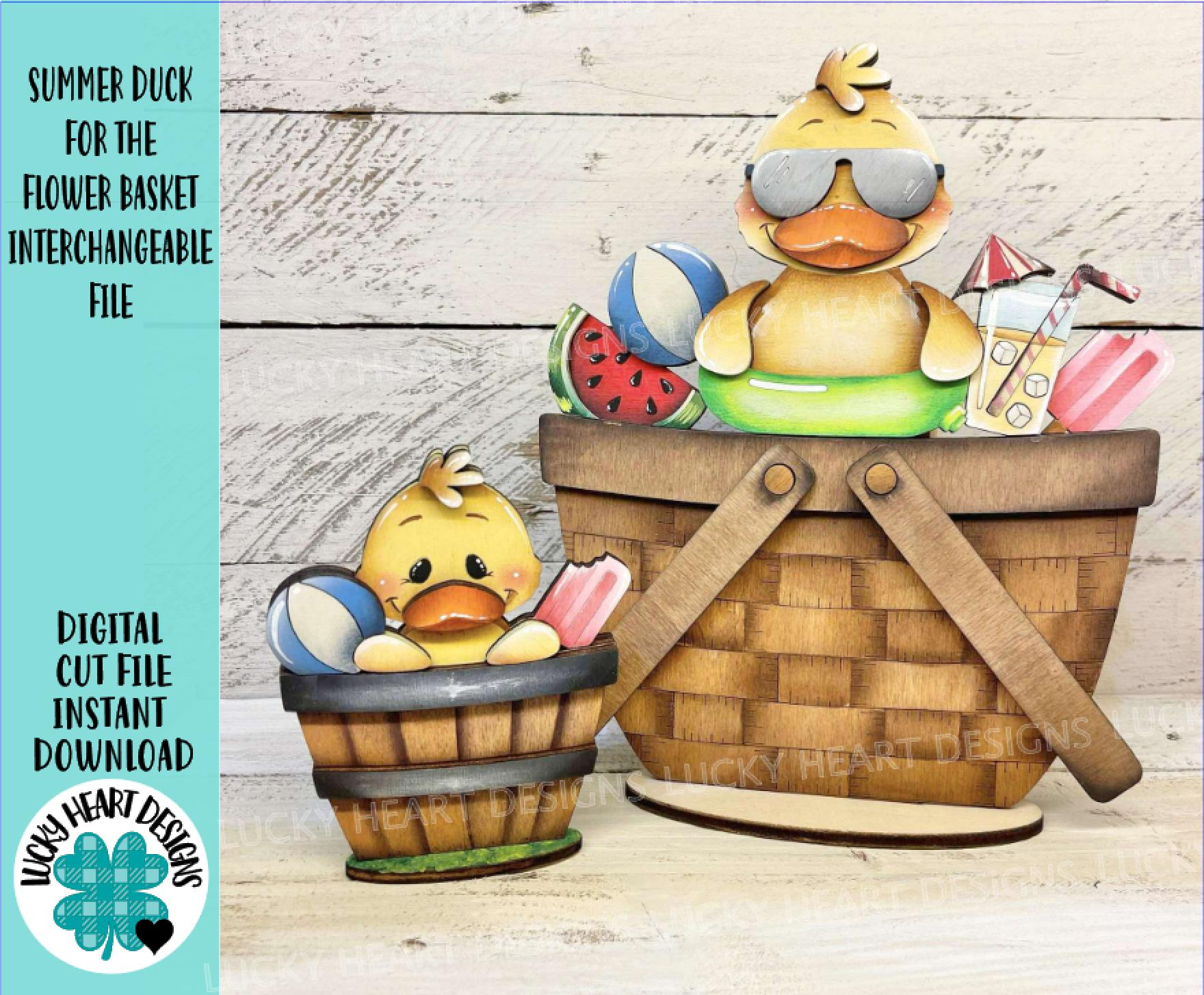 Pato de verano para cesta de flores (archivo SVG intercambiable, TINY, limonada, pelota de playa, bandeja escalonada para piscina, Glowforge, LuckyHeartDesignsCo)