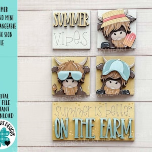 Fichier de signe penché interchangeable Summer Highland MINI SVG, vache, ferme, plage, piscine, lunettes de soleil, plateau à plusieurs niveaux Glowforge, LuckyHeartDesignsCo