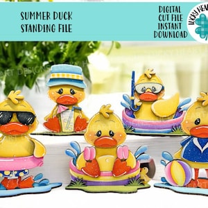 Summer Duck Standing File SVG, Parasol, Pływanie, Basen, Plaża, Nurkowanie, Okulary, Uroczy, Zwierzak, Farma Taca Piętrowa Glowforge, LuckyHeartDesignsCo