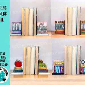 May include: Set of six colorful wooden bookends featuring various book-themed designs. The designs include "Read", "Just One More Chapter", "So Many Books", "So Much Time", "Book Lover", and "Book Nerd".