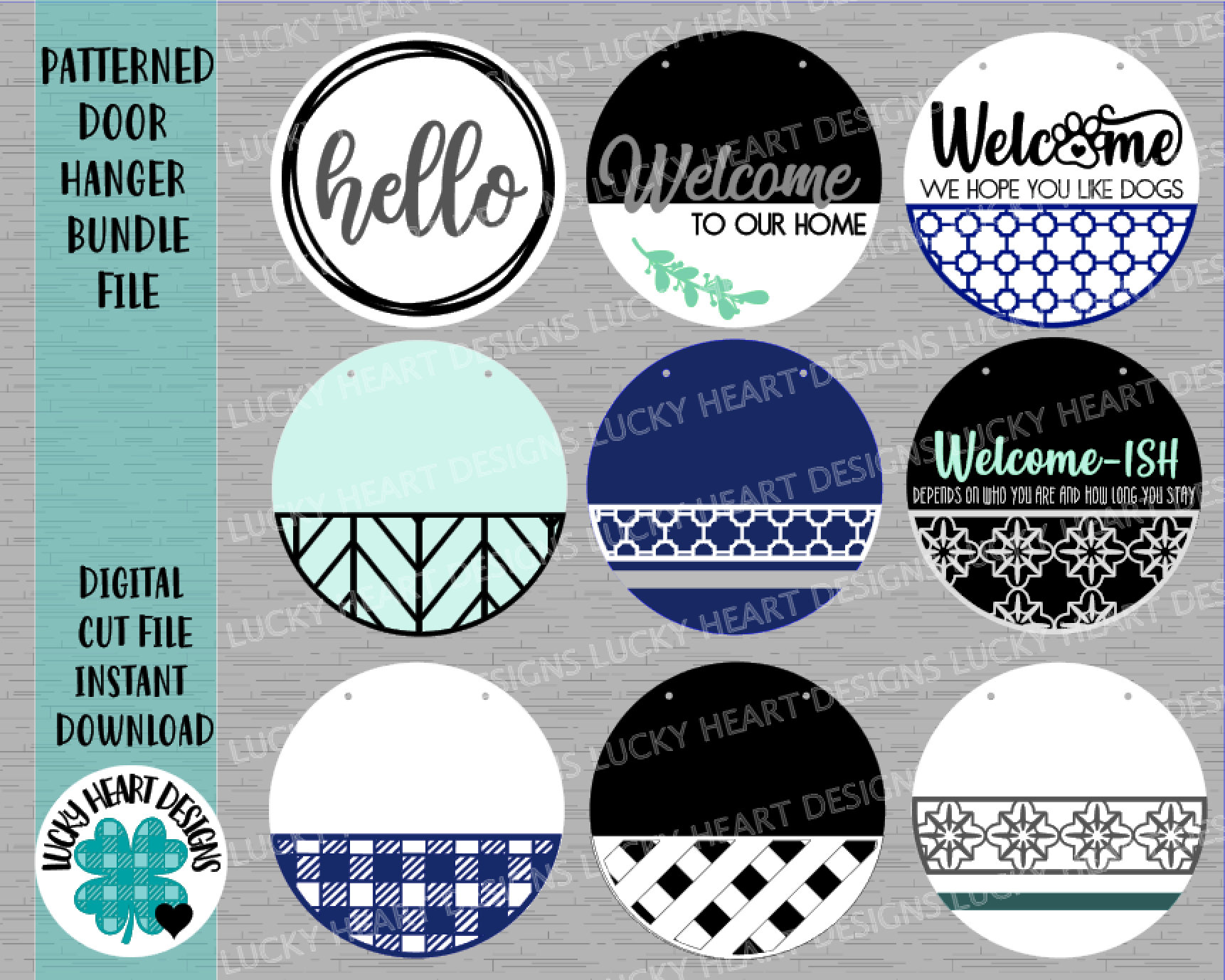 Patterned Door Hanger Bundle File SVG, Glowforge Sign, LuckyHeartDesi…